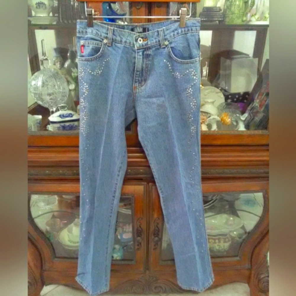 VINTAGE LAUNDRY JEANS W/ SILVER STUDS DOWN LEGS (SHELLI SEGAL) RHINESTONES SZ.6